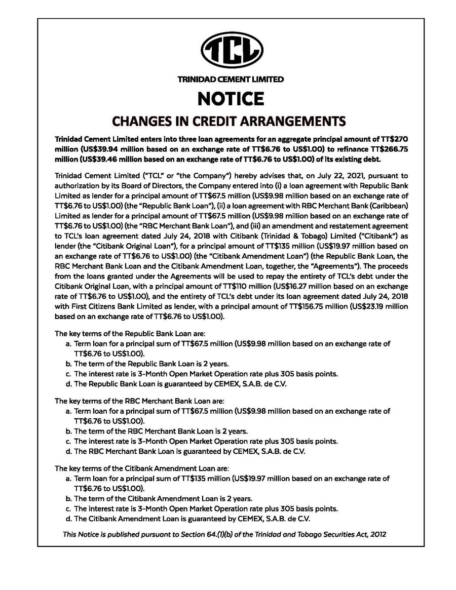 TCL - NOTICE 25x5 -CHANGES IN CREDIT ARRANGEMENTS-FAW