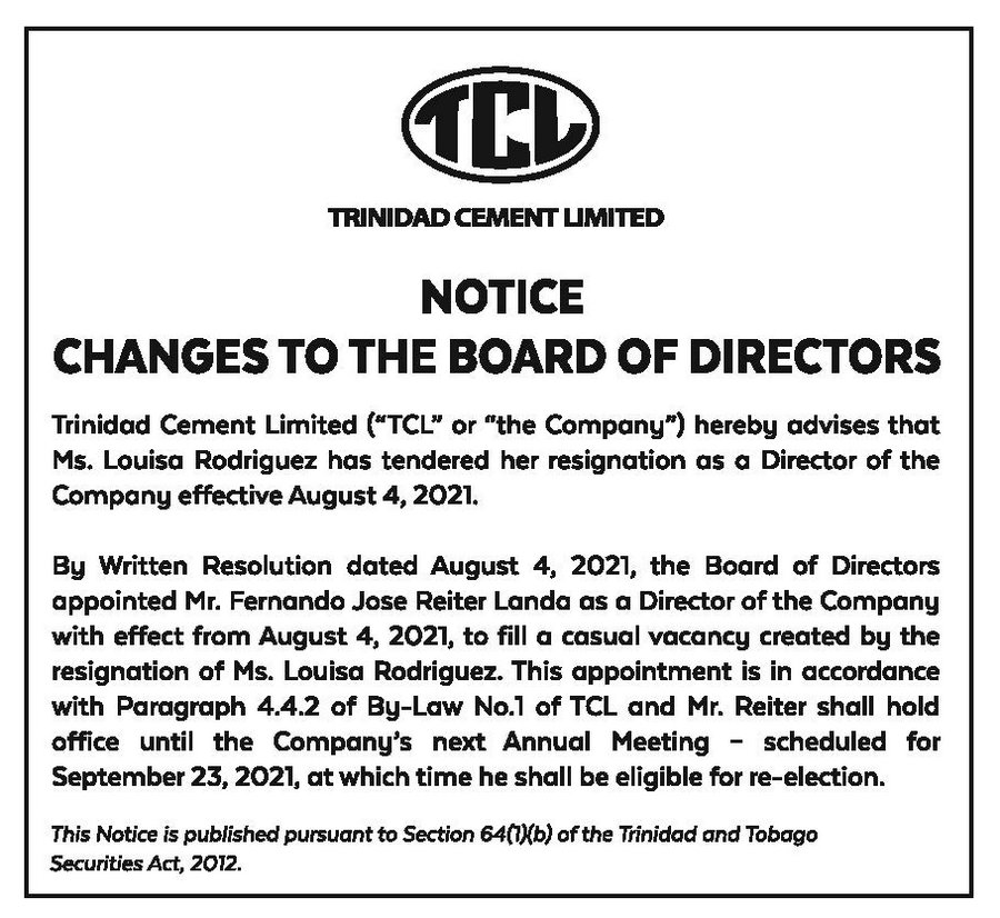 TCL NOTICE AD-10X3-CHANGES TO THE BOARD OF DIRECTORS-FAW