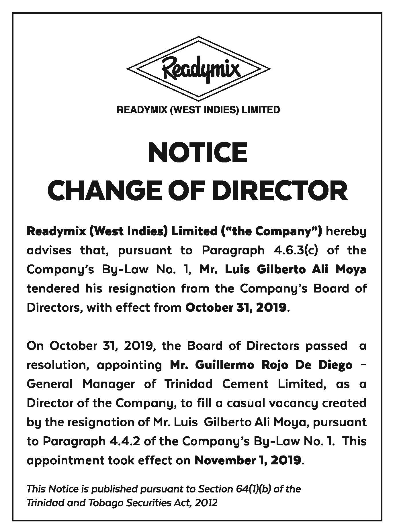 RML NOTICE AD-15X3-Changes to DIRECTOR-FAW
