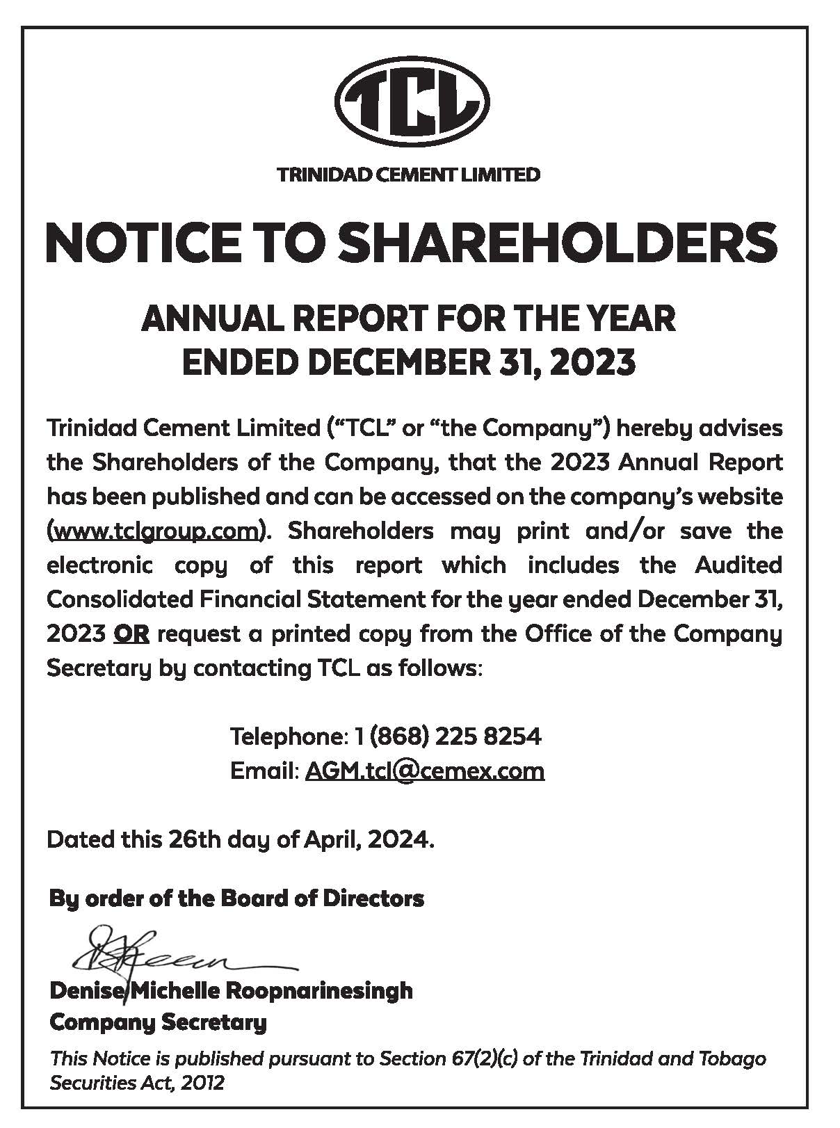 TCL- NOTICE TO SHAREHOLDERS- ANNUAL REPORT- 15X3 - FAW
